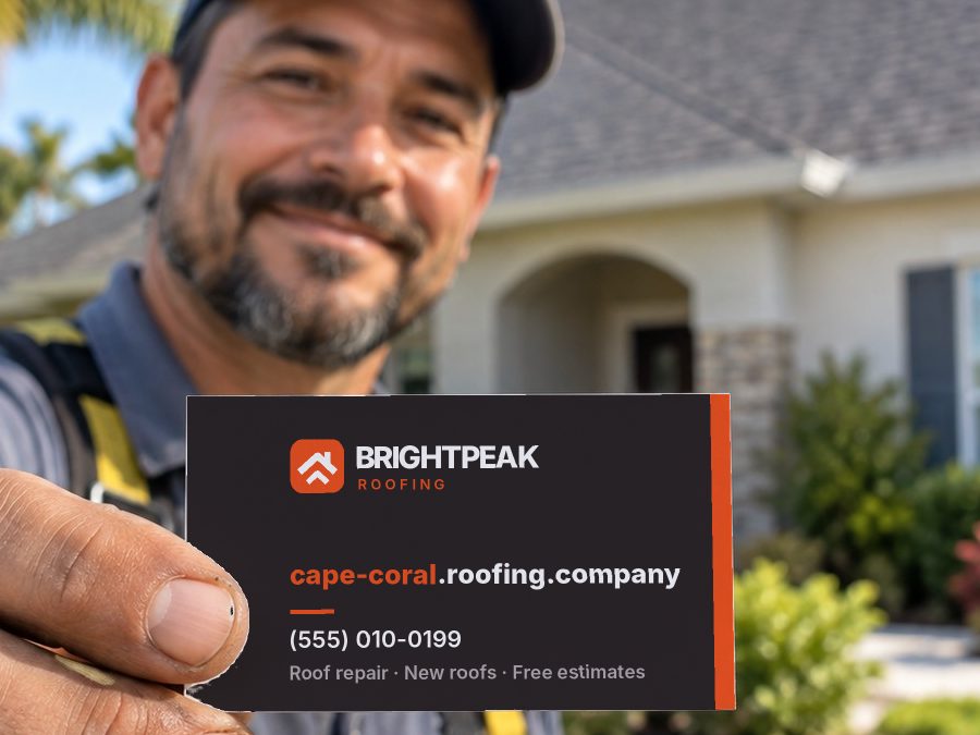 cape-coral.roofing.company on a roofer's business card