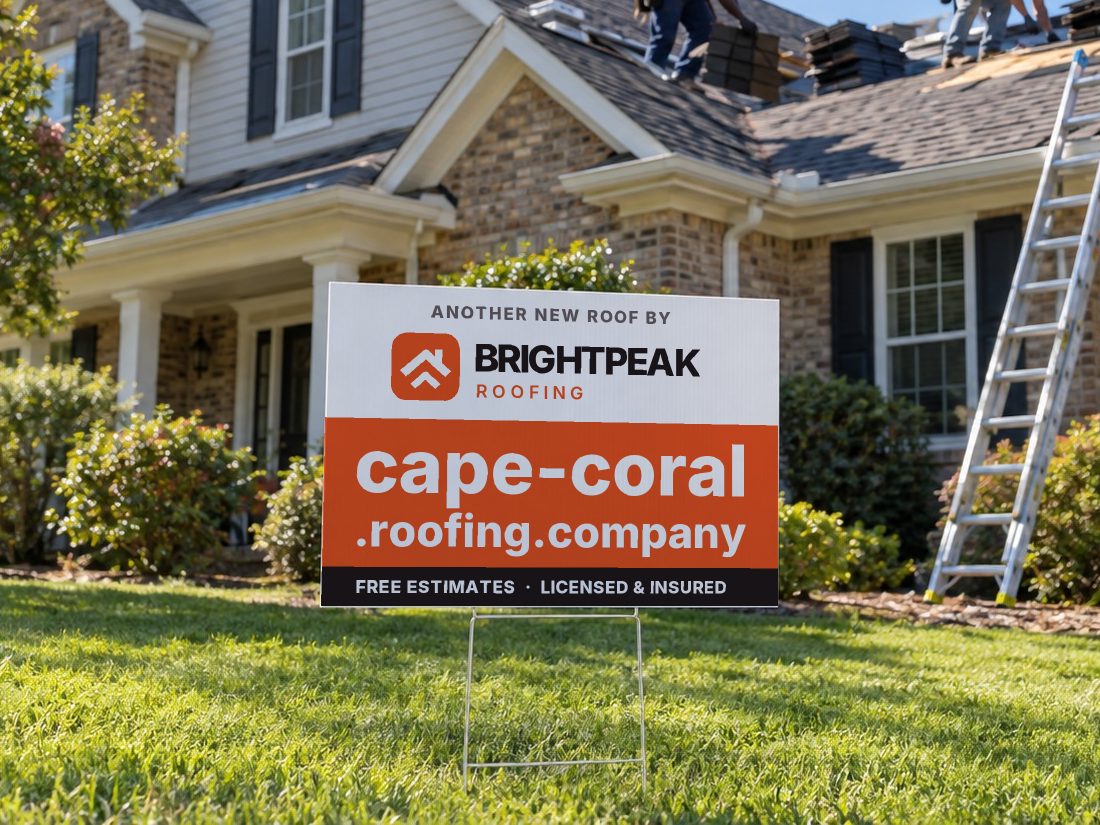 cape-coral.roofing.company on a yard sign in front of a house getting a new roof