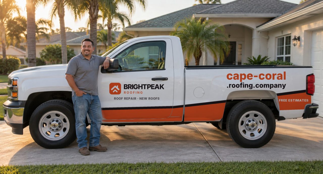 cape-coral.roofing.company painted on the side of a white work truck