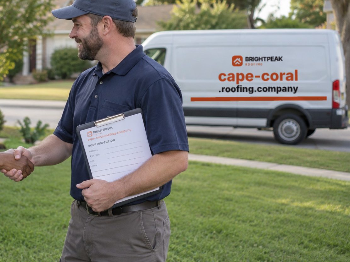 cape-coral.roofing.company on a roofing van and an inspection form